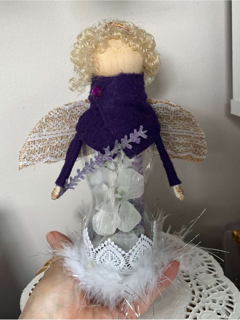 Purple bottle  Angel Home Accent Figurine with Lace Wings & floral